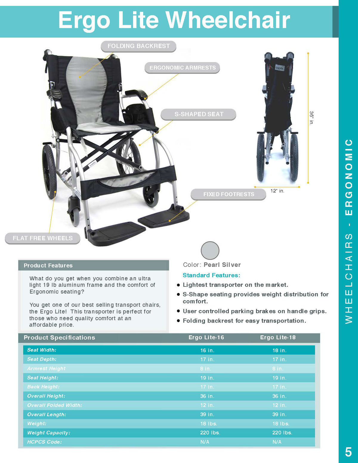 Karman Ergo Lite Ultra Lightweight Ergonomic Transport Wheelchair