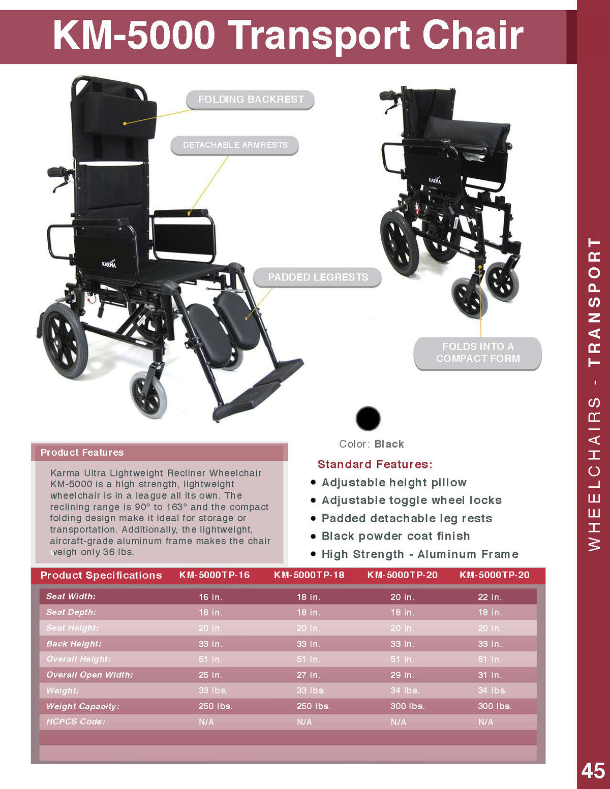 Karman KM5000 Lightweight Reclining Transport Wheelchair